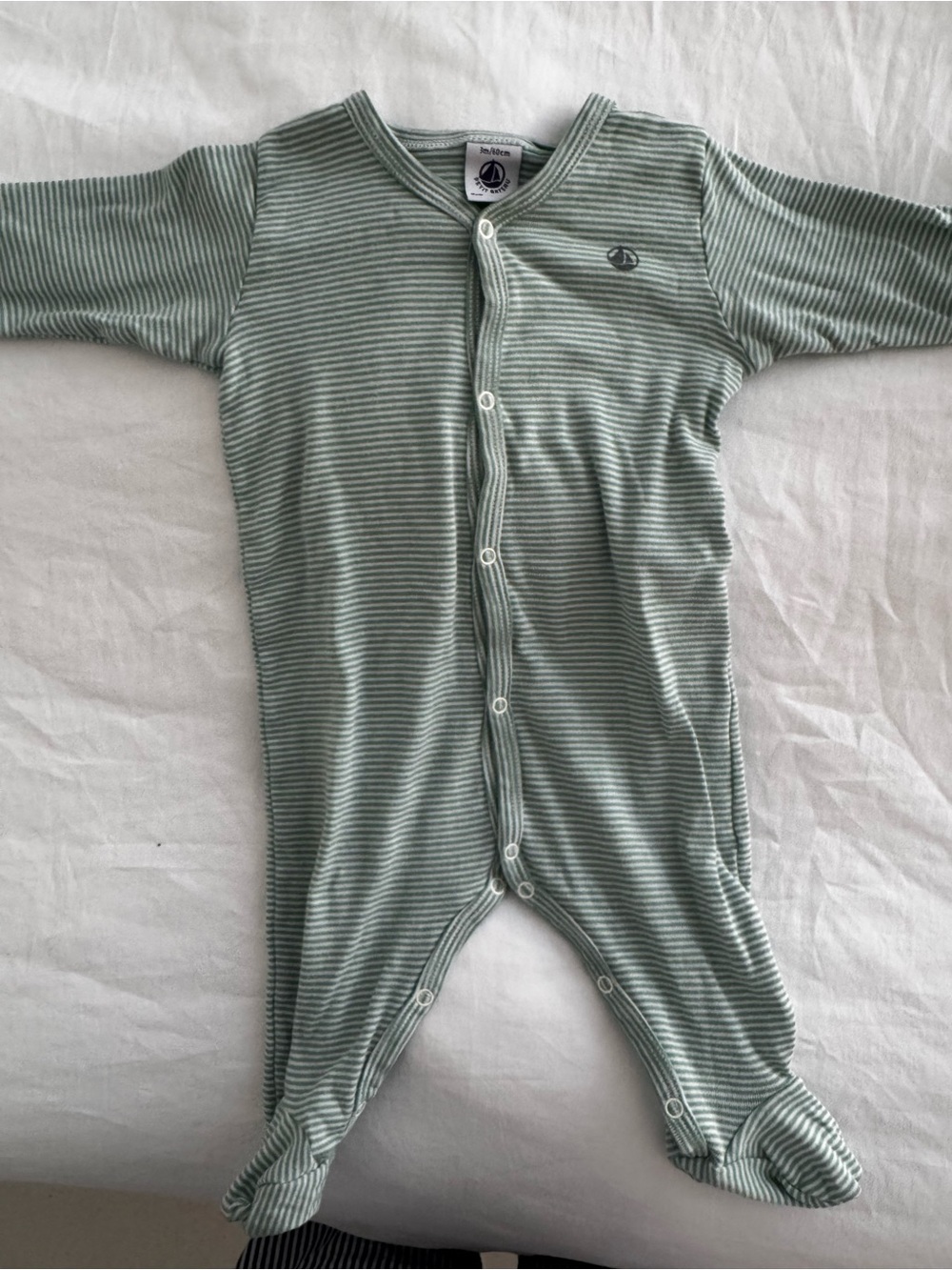 Petit Bateau Sage Green Striped Footed One-Piece